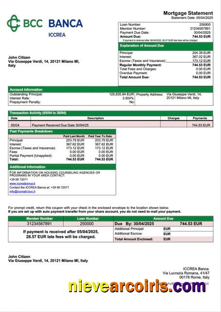 Italy ICCREA Banca mortgage statement Word and PDF template